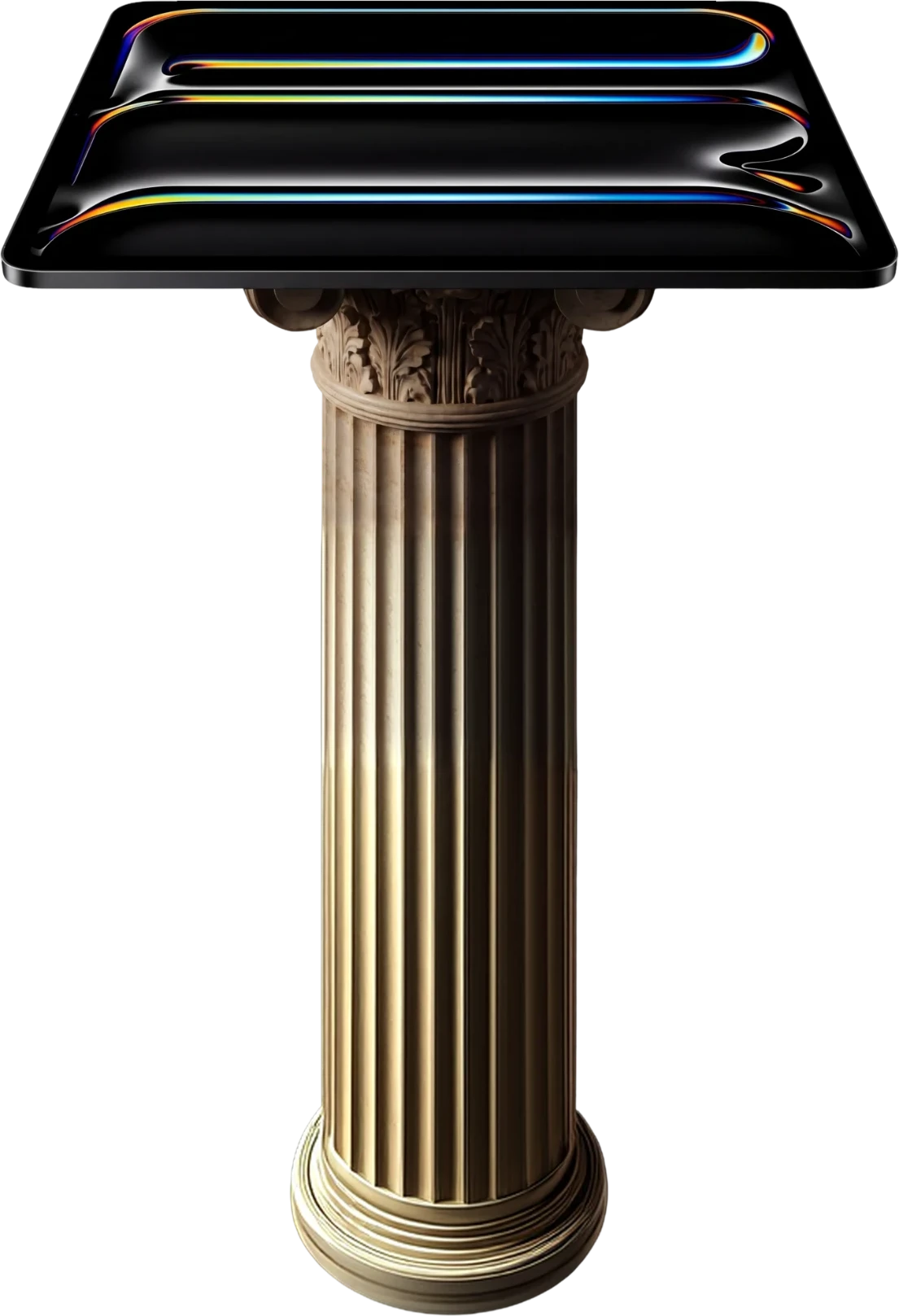 An iPad resting on top of a stone column