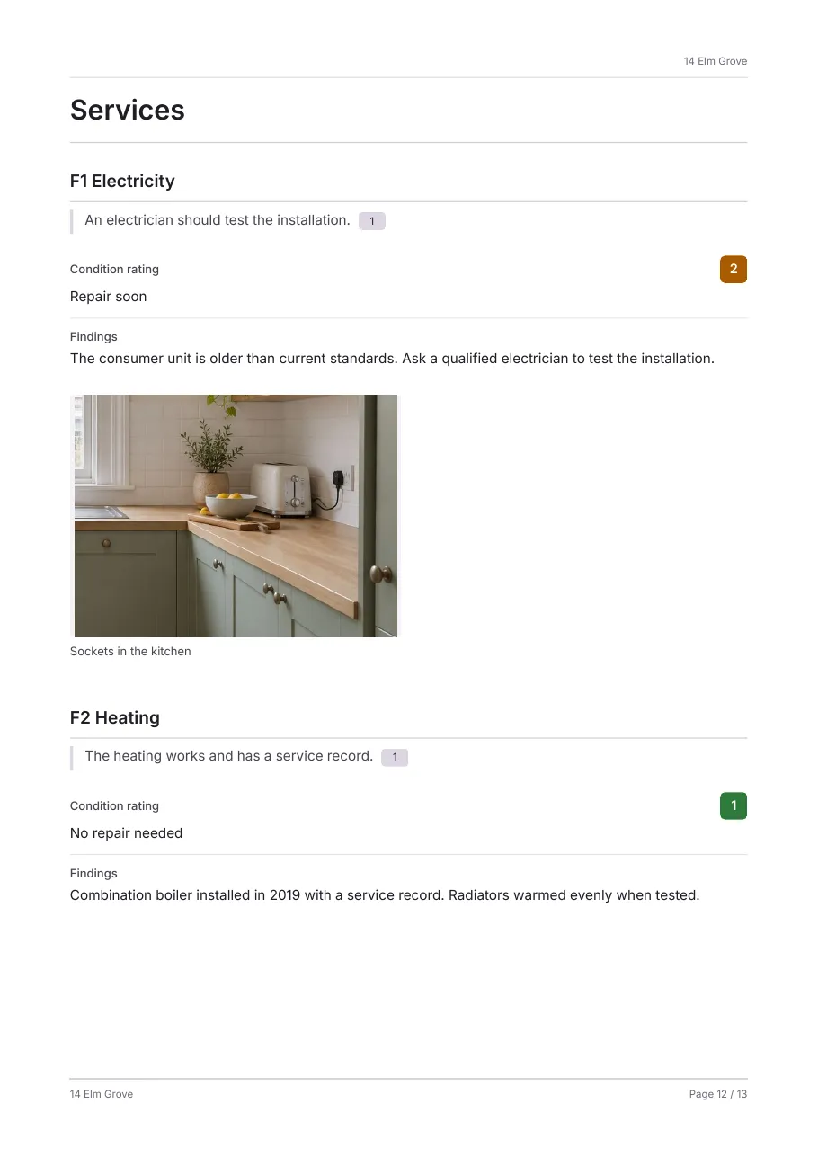 Your own inspection report, sample page: Services