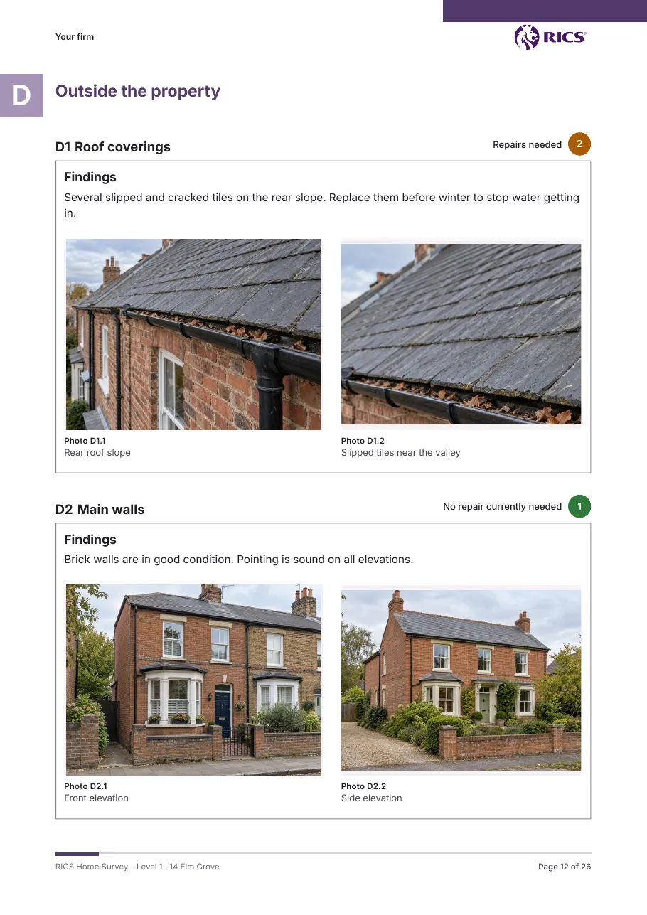 RICS Home Survey Level 1, sample page: Outside the property