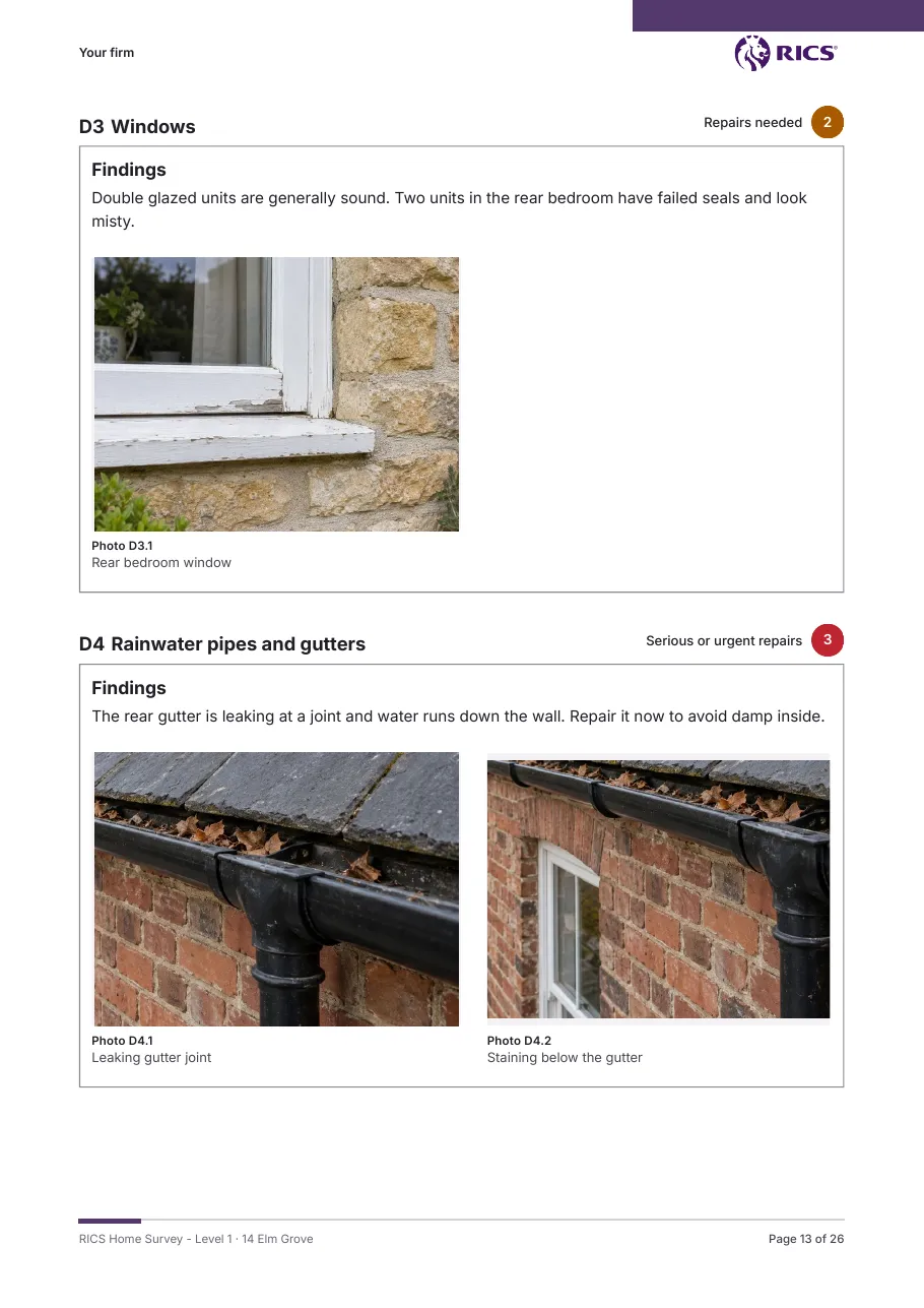 RICS Home Survey Level 1, sample page: Windows and gutters