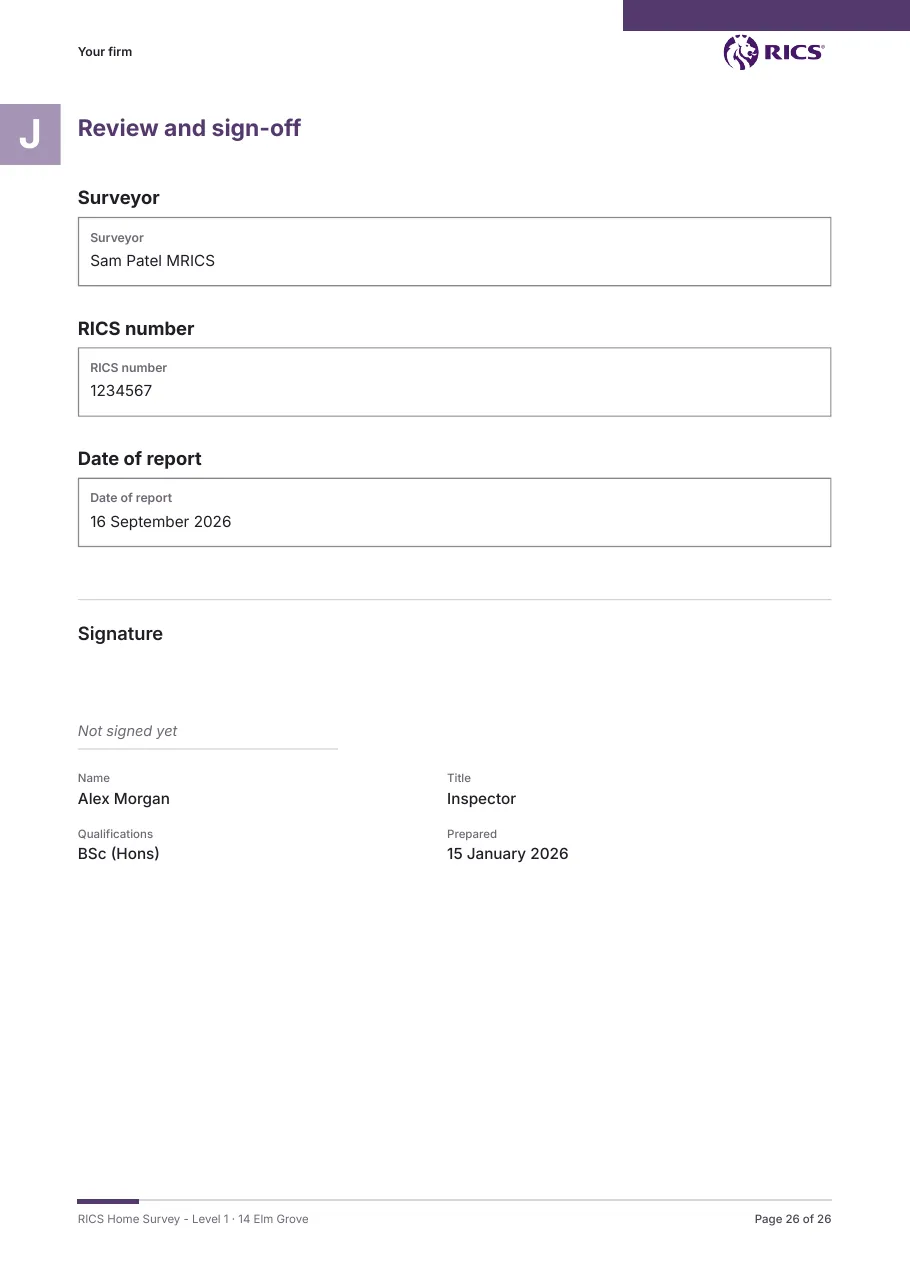 RICS Home Survey Level 1, sample page: Review and sign-off