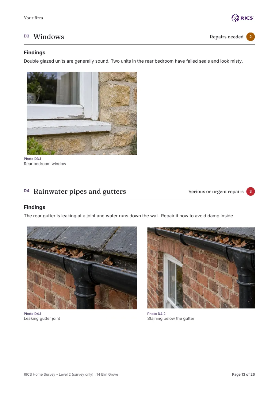 RICS Home Survey Level 2, sample page: Windows and gutters