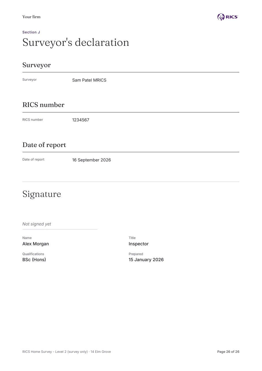 RICS Home Survey Level 2, sample page: Surveyor's declaration