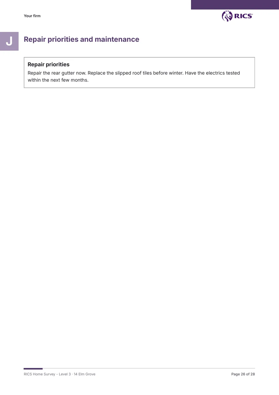 RICS Home Survey Level 3, sample page: Repair priorities and maintenance