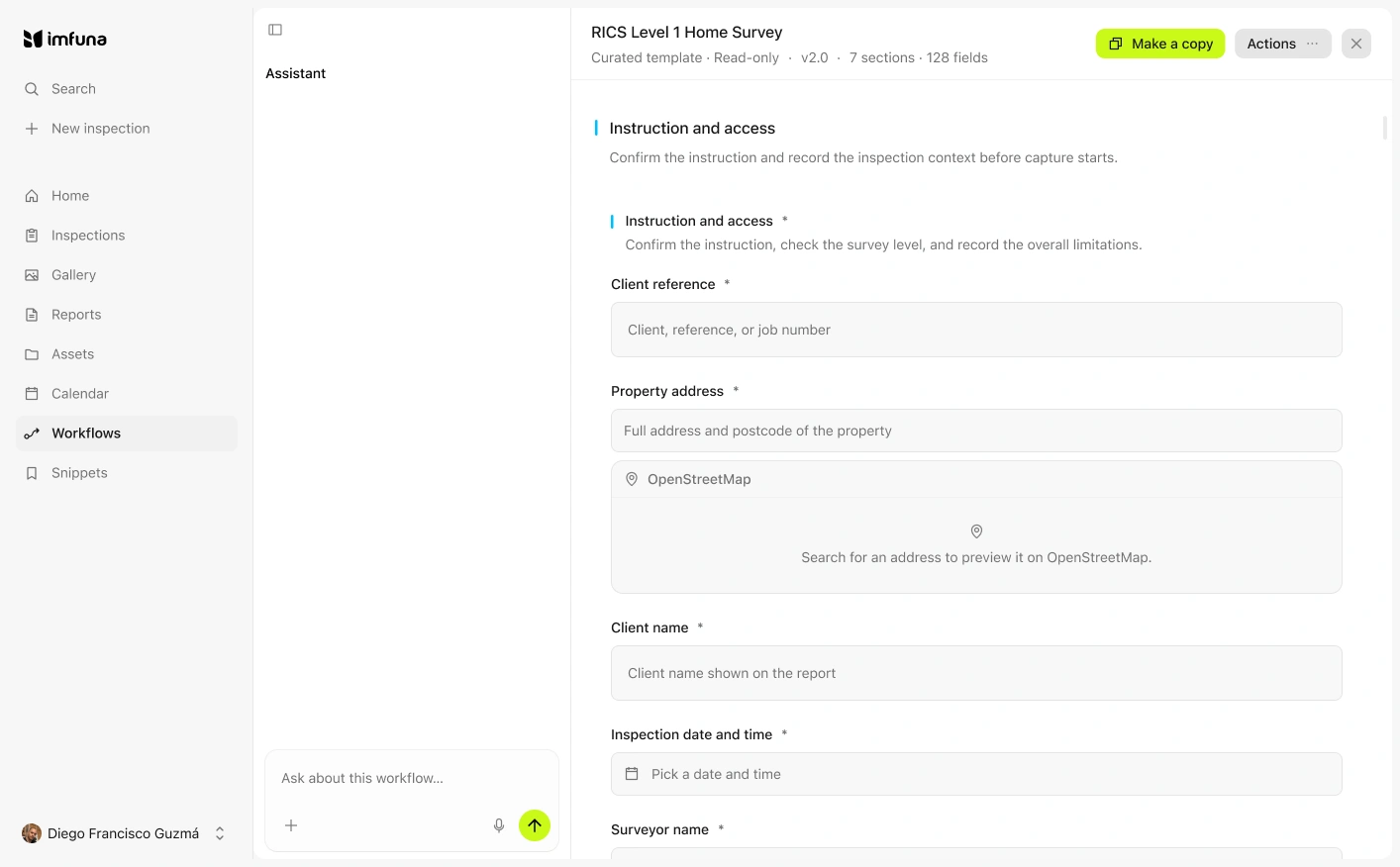 Imfuna web platform: Inspection template